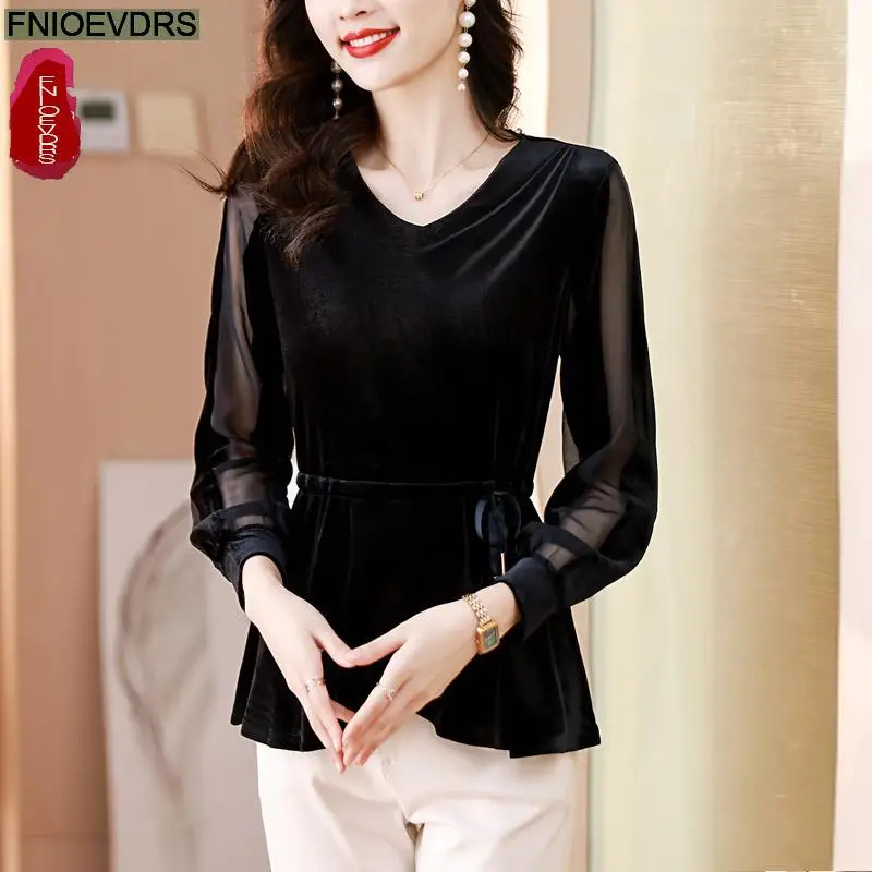 M-5XL Ruffles Bow Tunic Tops 2023 Women Long Sleeve Elegant Office Lady Belly Design Bling Button Warm Velvet Peplum Top Blouses