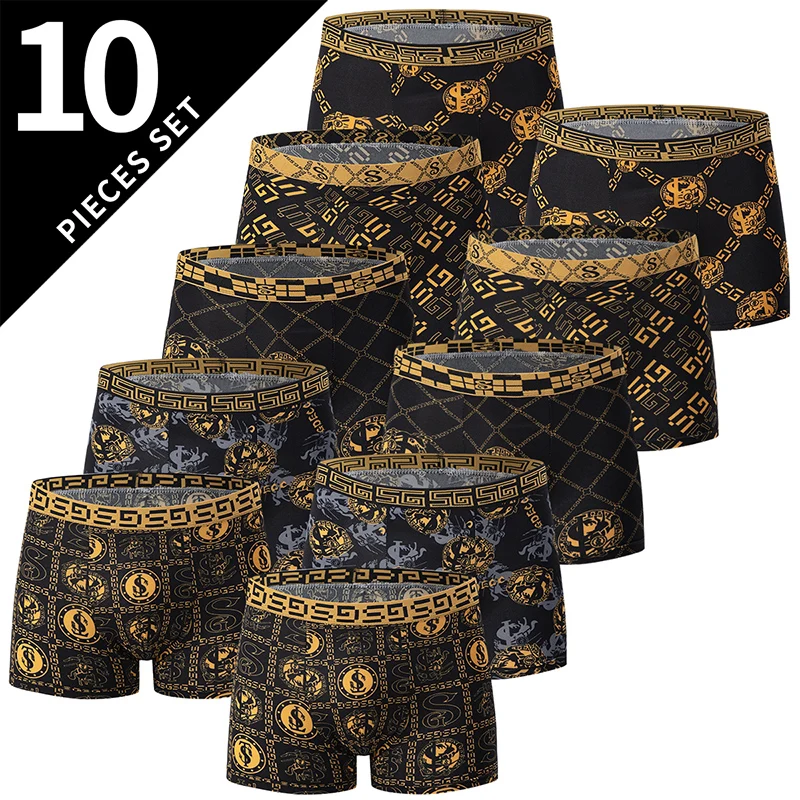 

10 Piece Set of Men's Luxurious Gold Printed Underwear Fast Drying Fashionable And Comfortable Youth Flat Corner Pants Trendy