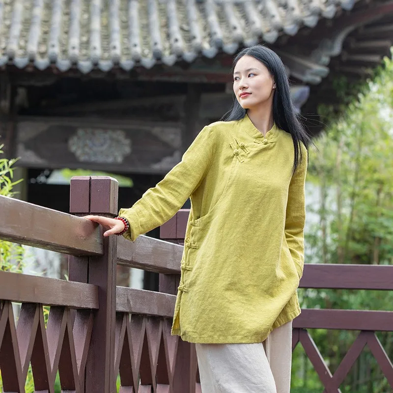 الرجعية الصينية Sle الوقوف طوق ميدي irt المرأة الجديدة الربيع الصيف الكتان الشاي شخص الملابس زن Sle زر حتى بلوزة