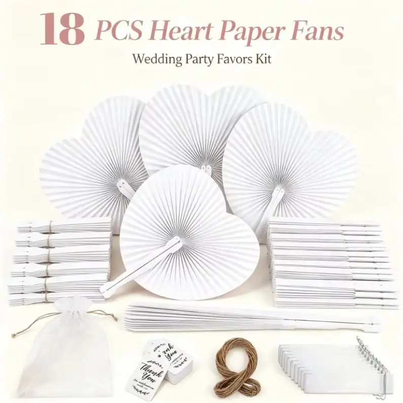 18Pcs Heart Folding Paper Wedding Hand Fan Set, White Fans With Gift Bags Thank You Cards For Wedding Party Reception Decor