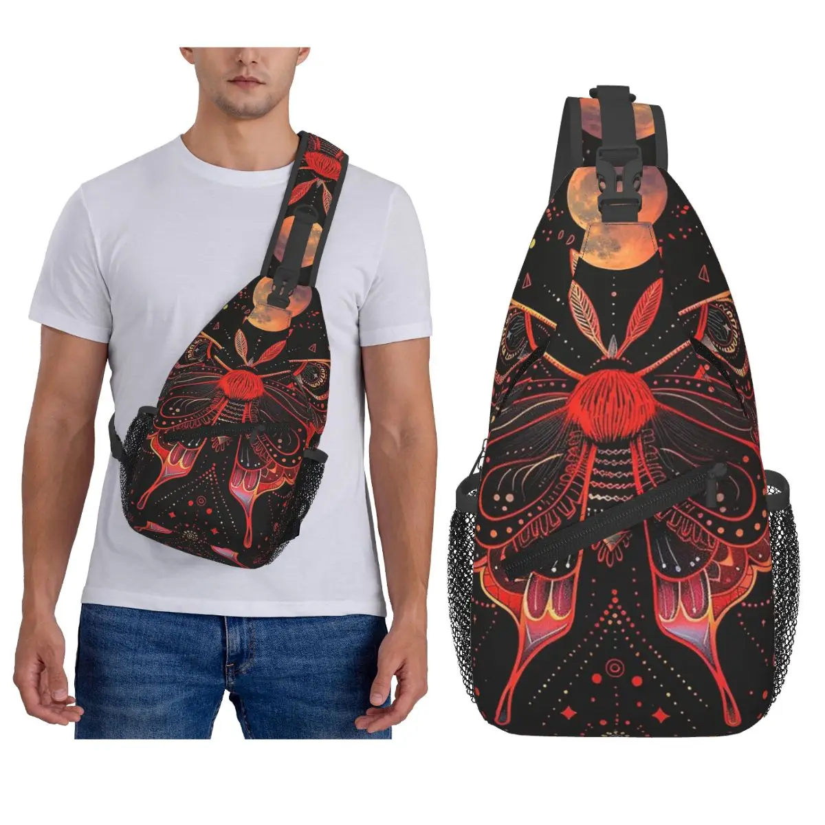 Esoteric Cicada And Moth Witchy Celestial Sun Moon Pattern Chest Bag Men Sling Crossbody Backpack Chest Bag Daypack Shoulder Bag