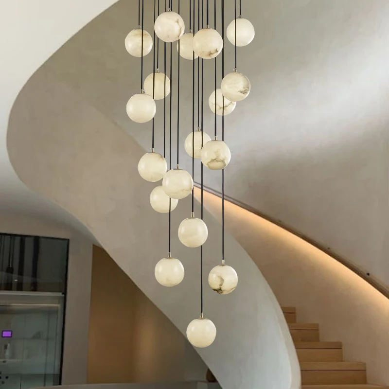 

Postmodern Creative Villa Living Room Brass Spanish Marble Chandelier Luxury Hotel Lobby Stair Decorative Pendant Light