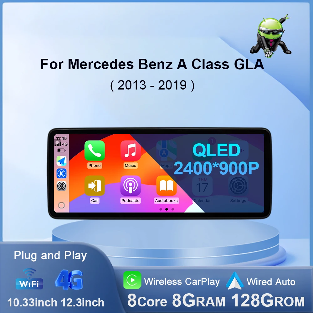 Drahtlose Carplay-Navigation GPS Android 14 für Mercedes Benz A-Klasse 2013–2018 GLA-Klasse 2015–2019 Auto-Head-Einheit 4G WIFI BT