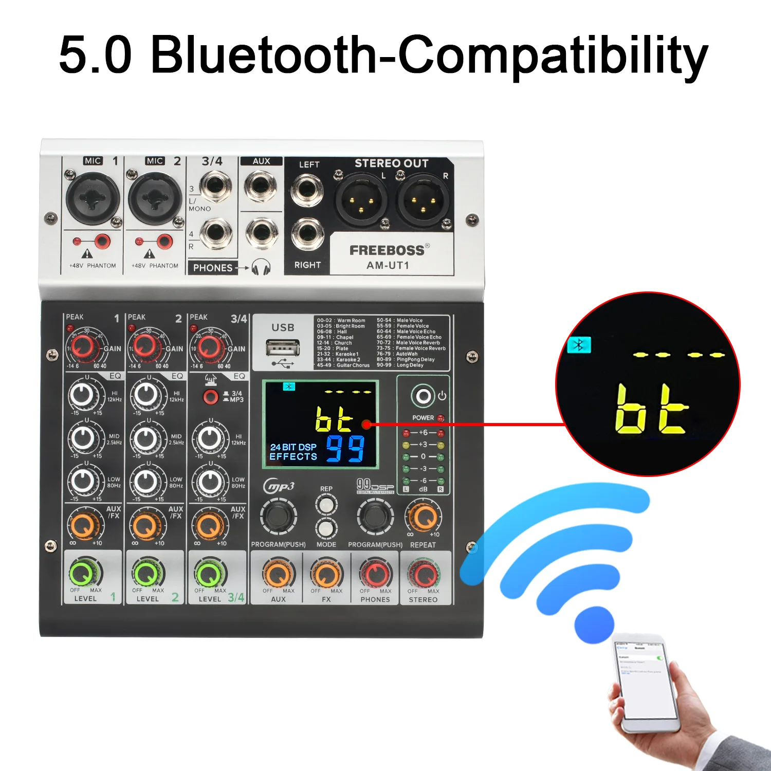 Freeboss 4 Channels Mixer Audio 99 DSP Effect 48V Bluetooth USB Recording Sound Mixing Console for Karaoke Church Meeting AM-UT1