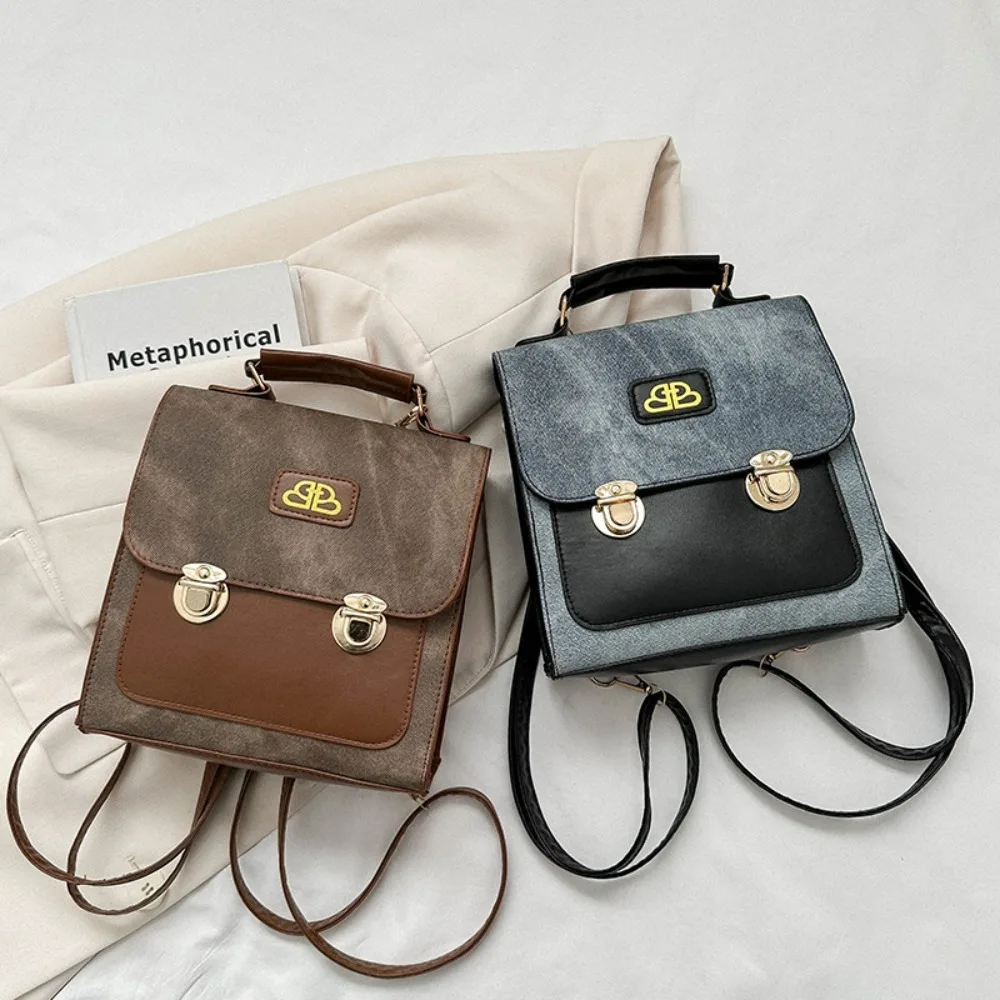Zaino in denim imitazione 2 in 1 Borsa da pendolarismo a doppio uso stile preppy Borsa da scuola multifunzione in pelle PU invernale