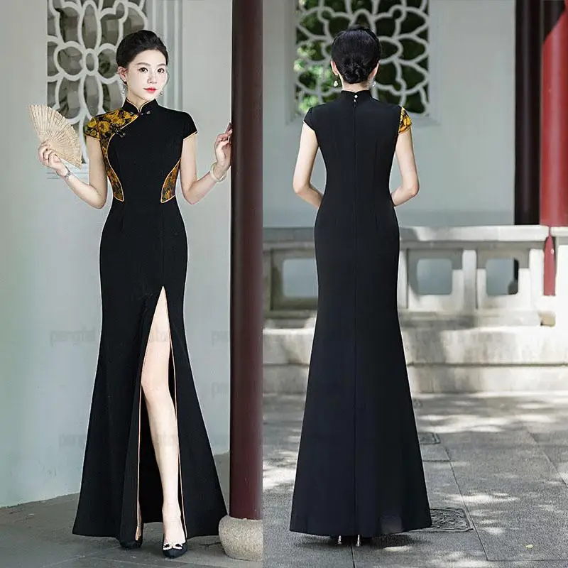 

Black Slit Qipao Dress Sexy Long Chesongam Women Sexy New Chinese Style Dress Stage Performance Costume Banquet Vestidos Robe