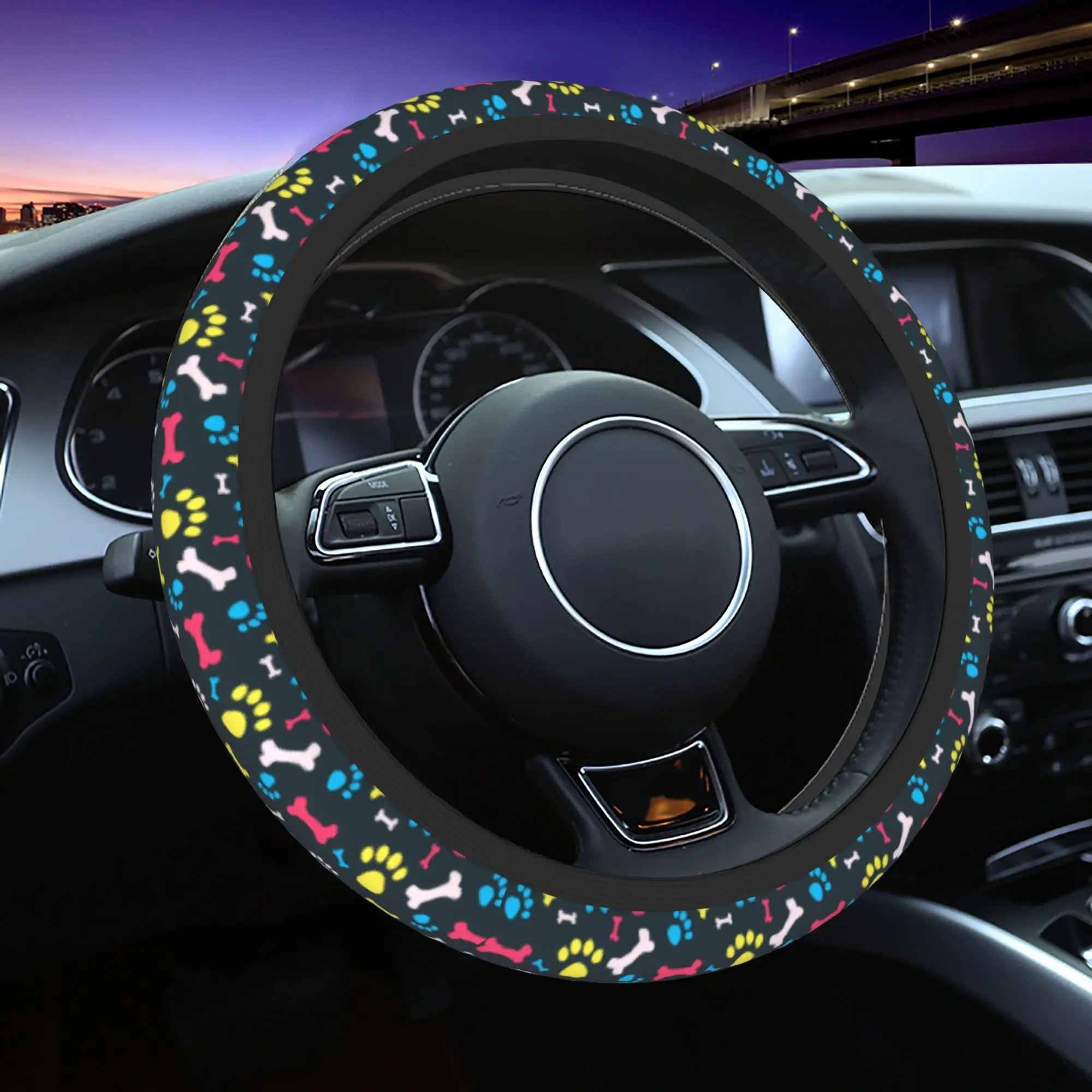 Pet with Dog Paw Prints Bones Car Steering Wheel Cover Anti-slip Steering Wheel Protective Cover Elastische Car Accessories