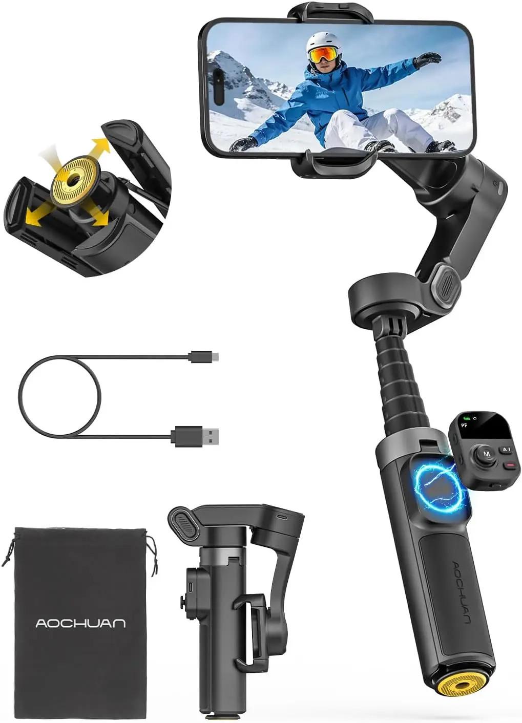 

360° Pan Phone Gimbal Stabilizer with Remote, 3-Axis, Built-in Extension Rod & Tripod, Foldable for Vlogging Travel