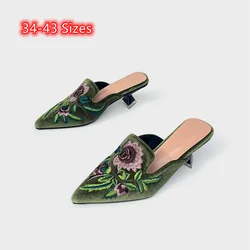 Lady Retro Embroider Floral Kitten Heel Slippers Front Closed Toe Stilettos Green Beige Black 4cm High Heels Slides 34-43 25cm