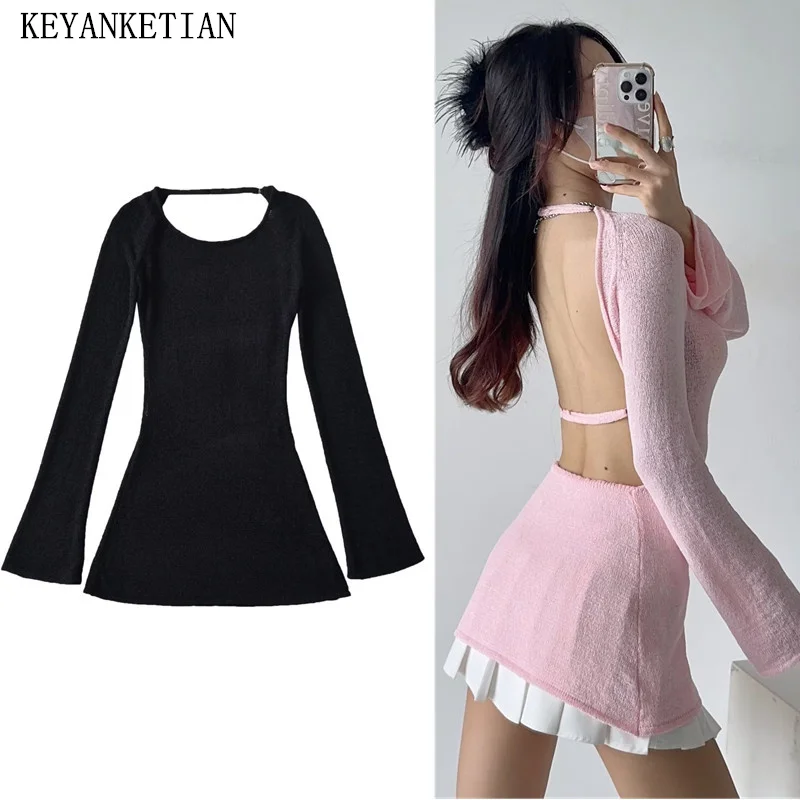 KEYANKETIAN New Launch Women Hollow out  Backless Sexy Thin Skinny Knitted Top Hot sweet Slim Mid-Length Sweater Pullover Solid