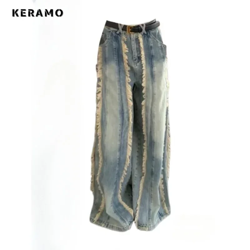 Amerikaanse Vintage Hoge Taille Gezellige Emo Jeans Vrouwen Casual Burr Edge Broek Baggy Y2K Wijde Pijpen Grunge Street Gewassen Denim Broek