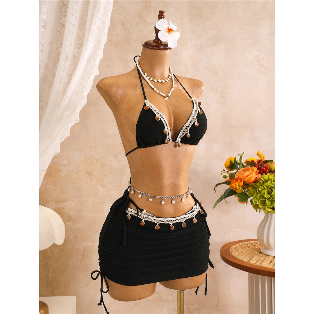 Mit Rock-Splicing-Design, Neckholder-Bikini, Damen-Badeanzug, dreiteiliges Bikini-Set, gepolsterter Badeanzug, Badebekleidung, Schwimmanzug V8508 – Detail 8