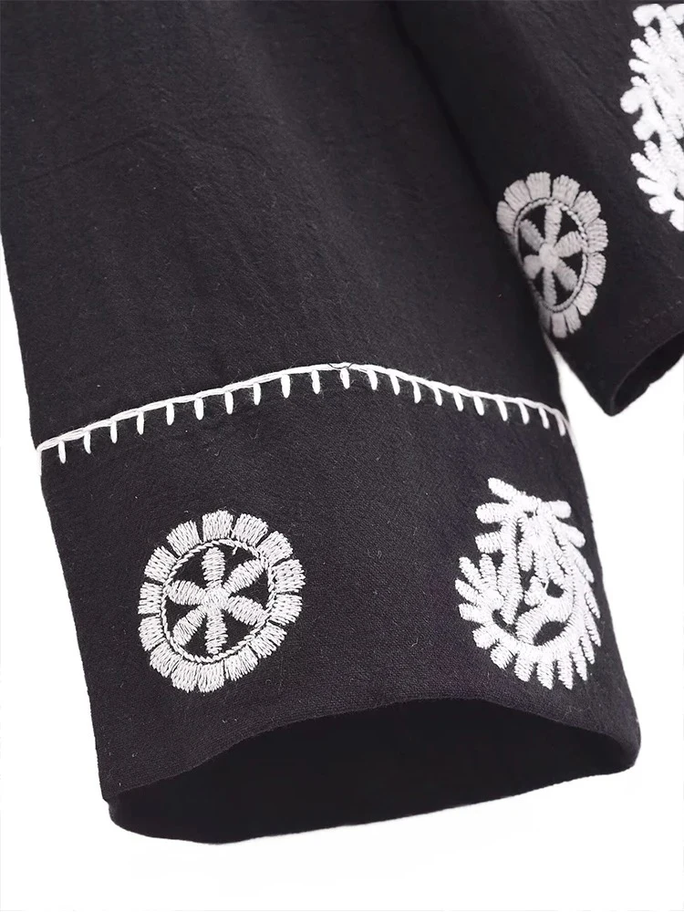 트라프 자 여성 빈티지 자수 타이 탑 스트리트 우아한 라운드 넥 카디건 긴 소매 셔츠 여름 캐주얼 블랙 루즈 탑 세련된 통근자 컴포트 셔츠