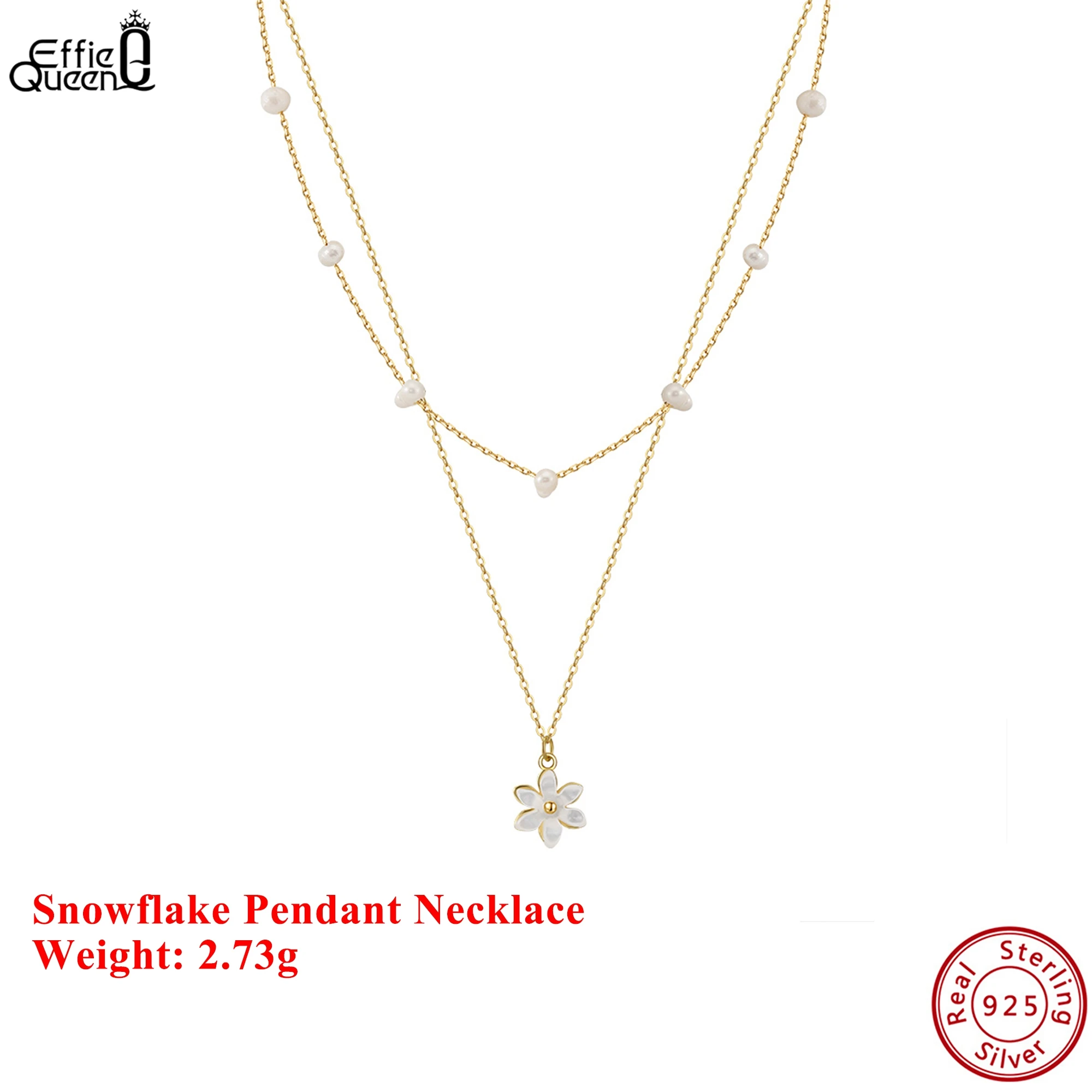 

EFFIE QUEEN 100% S925 Silver 14k Gold Snowflake Pearl Pendant Necklace Natural Jewelry for Women Wedding Party Casual Gift GPN73