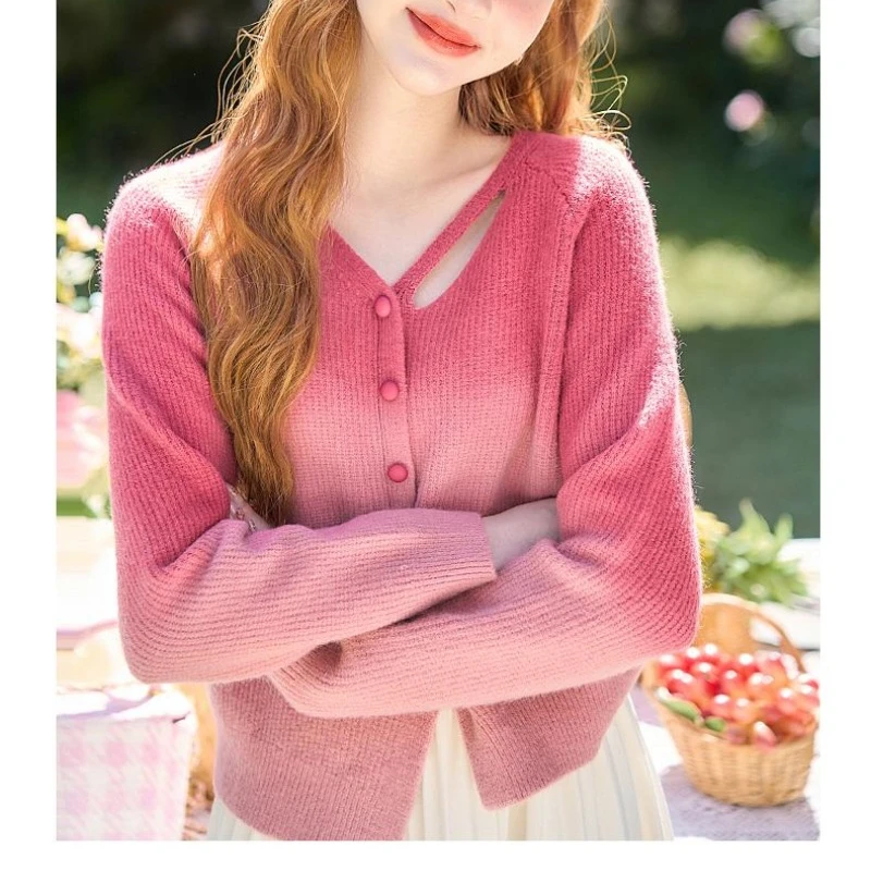 Knit Cardigan Women Autumn Sweet Pink Gradient Sweater Long Sleeve Single Breasted Female Sweaters V-neck Girls Knitwear Tops