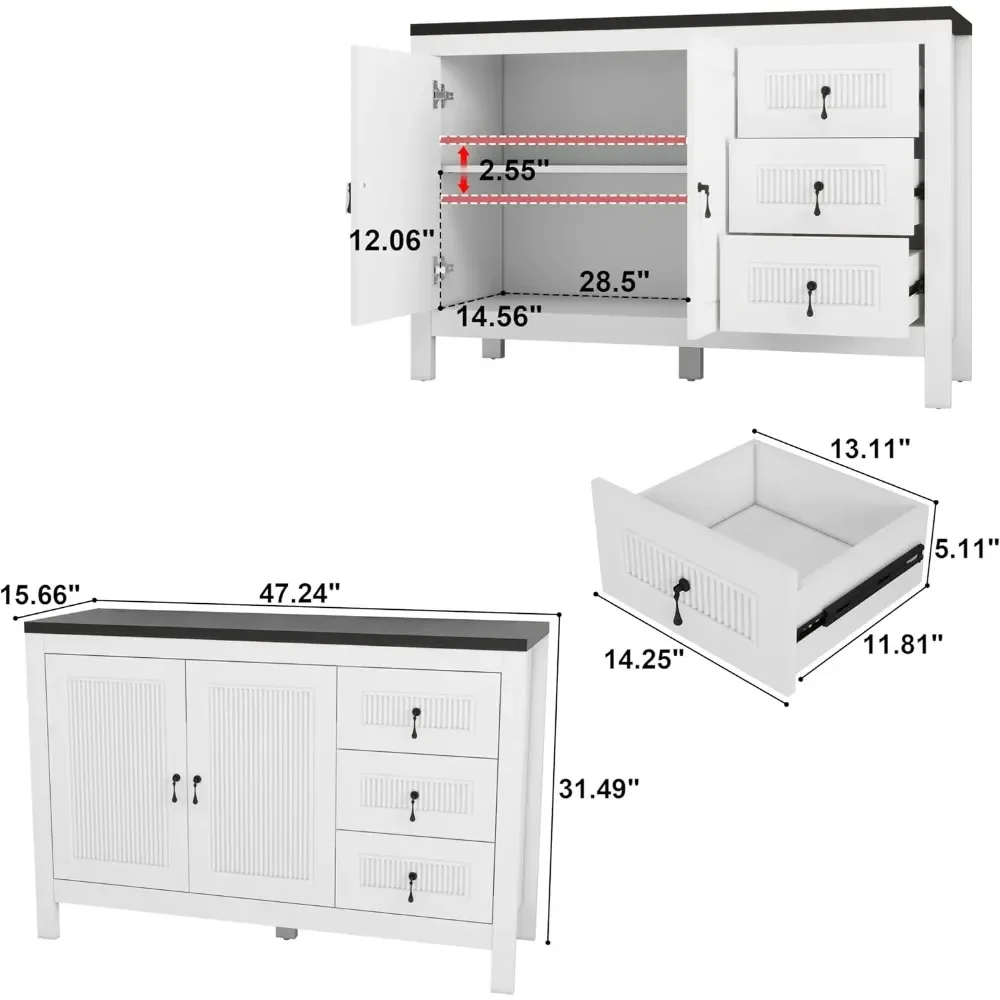 White and Black Fluted Sideboard Buffet Cabinet with Storage, 47