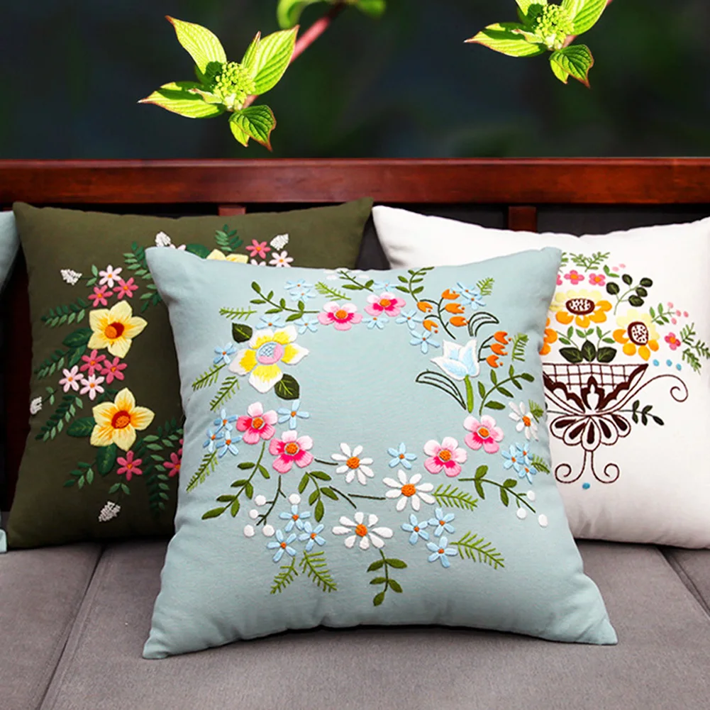 Pillowcase Embroidery Kit For Beginners Flower Pattern Pillowcase Embroidery Kits With Pillowcase Embroidery Thread 2 Needlet