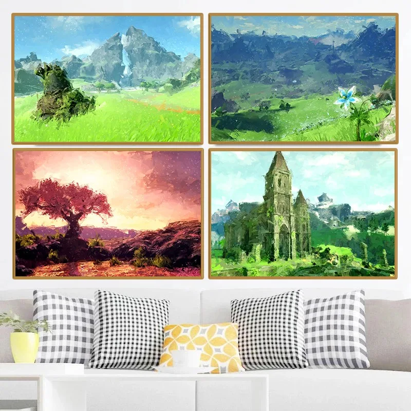 Unframe Video Game Z-Zelda Breath of The Wild Poster Dueling Peaks Satori Mountain Illustration Canvas Painting Wall Art Room Ho
