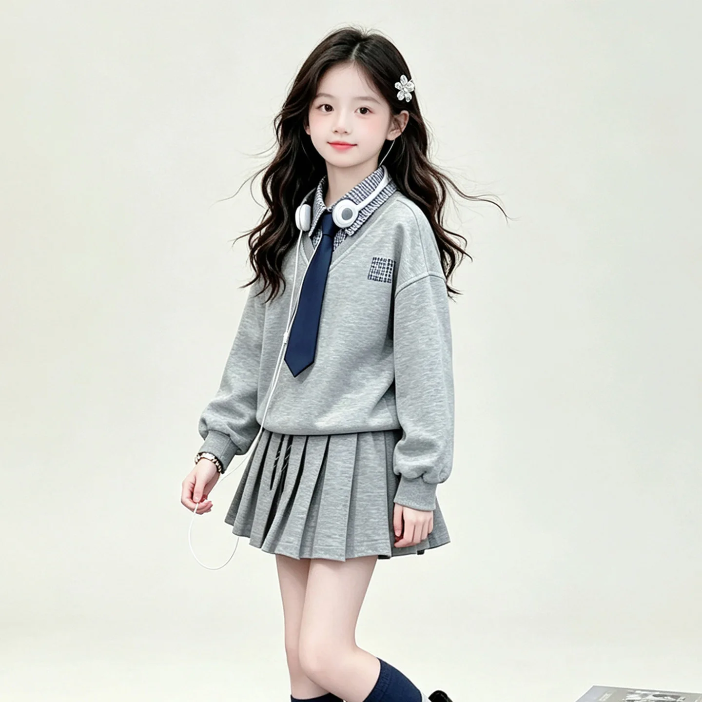 2026 Girls Autumn Winter Teenager Cloth Suit Child Set Hooded Plaid Lapel Collar Top + Pleated Skirt School JK 4 10 12 14 Year