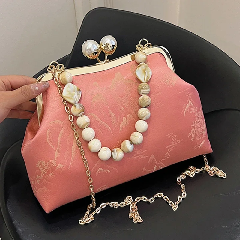 

Модный женский засов в виде ракушки с жемчугом, женский вечерний клатч с цепочкой, роскошные шелковые сумки и кошелек, свадебный шикарный клатч