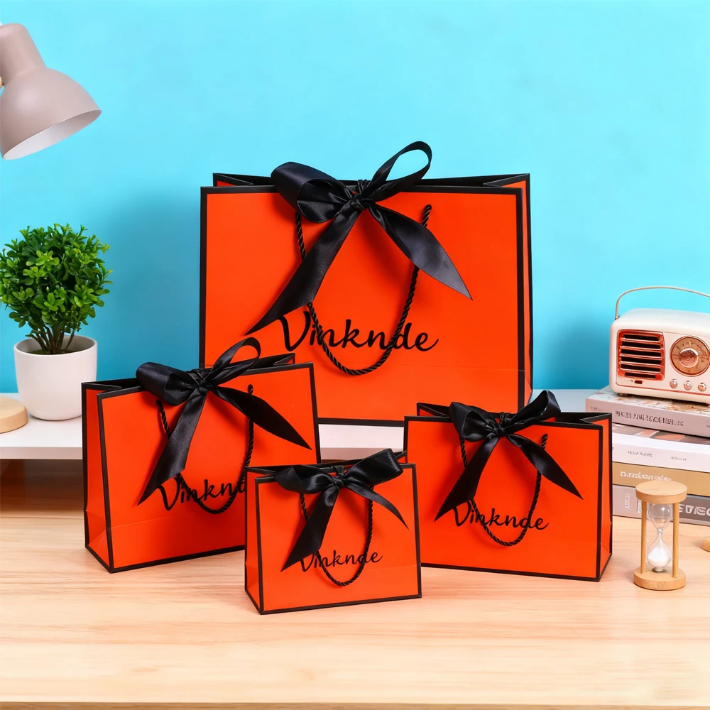 

50Pcs Multiple Colors Custom Logo Paper Gift Bag With Bow Ribbon Wedding Party Christmas Shopping Packaging Bags For Clothing