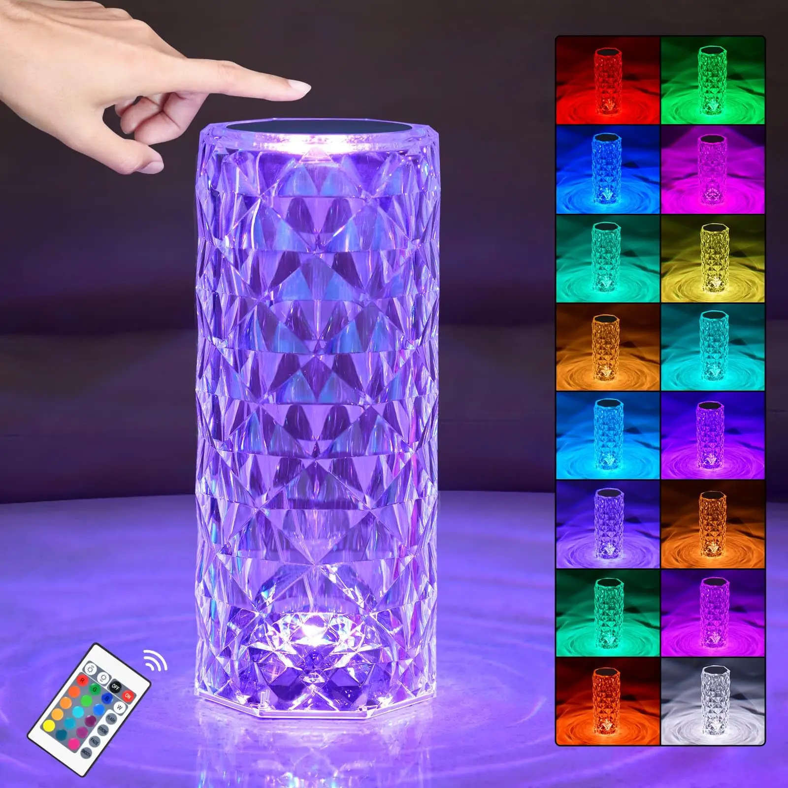 

Crystal Table Lamp RGB Color Changing Night Light Romantic LED Rose Diamond Touch Lamp for Home Living Room Decor Remote Control