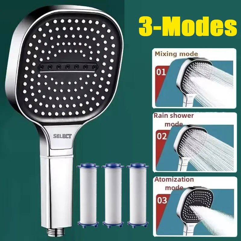 13CM Big Panel High Pressure Shower Head With Filter 3 Modes Adjustable Sprayer Water Saving One-Key Stop Water Bathroom Shower