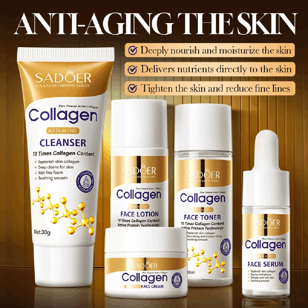 SADOER Collagen Anti Wrinkle Moisturizing SkinCare Kit Deep Hydrating Whitening Anti-Aging Wrinkle Toner Lotion Sunscreen Essenc
