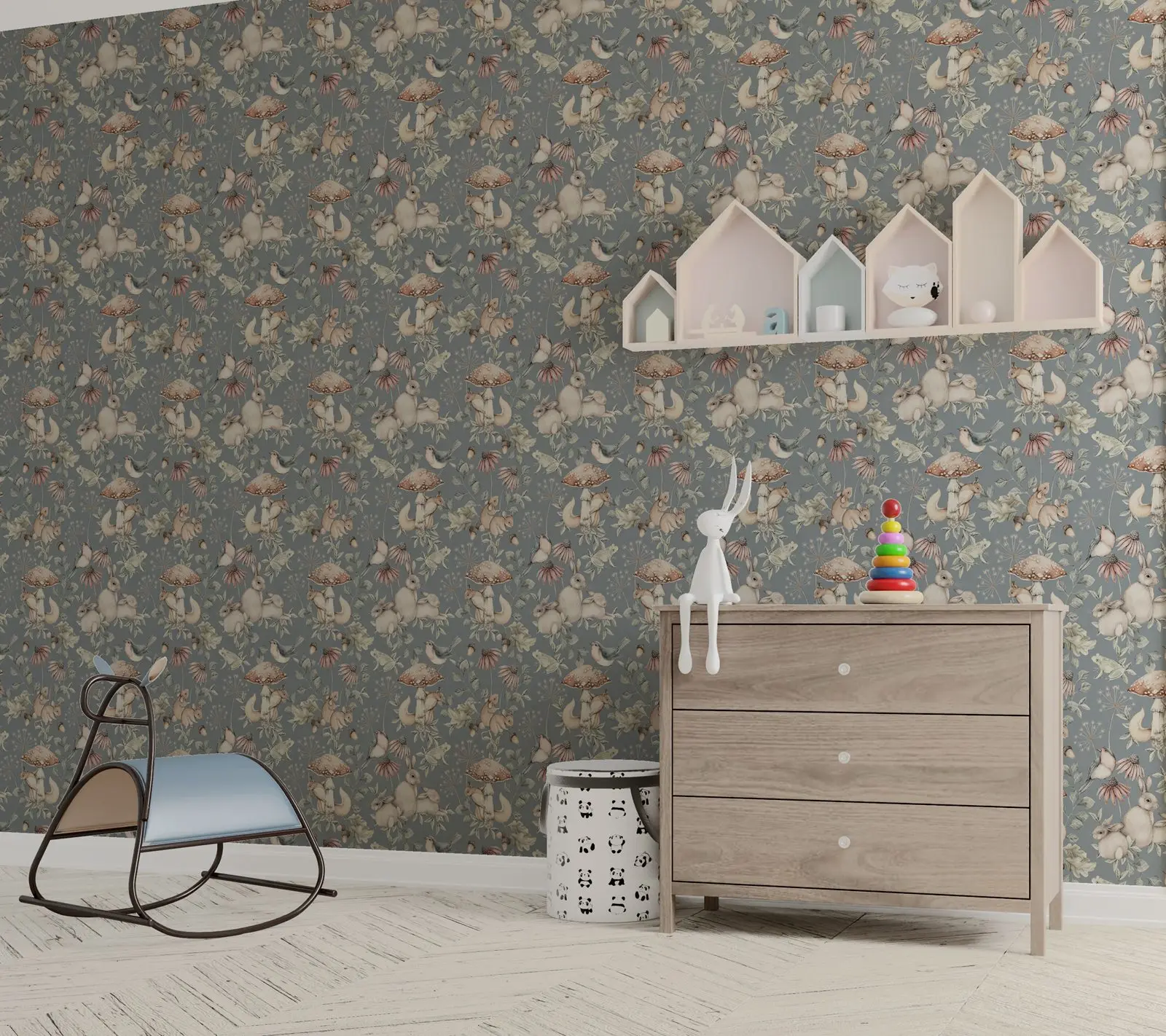 Minou Magic fairytale landscape wallpaper for Kids with squirrels, robins, wood mice and rabbits in blue back