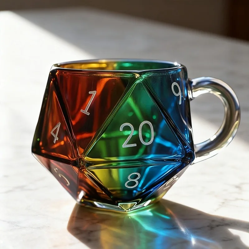 Rainbow D20 Dice Coffee Mug Glass Cup with Handle Polyhedral Dice Coffee Cup Transparent Glass Game Mug for Fantasy Lovers