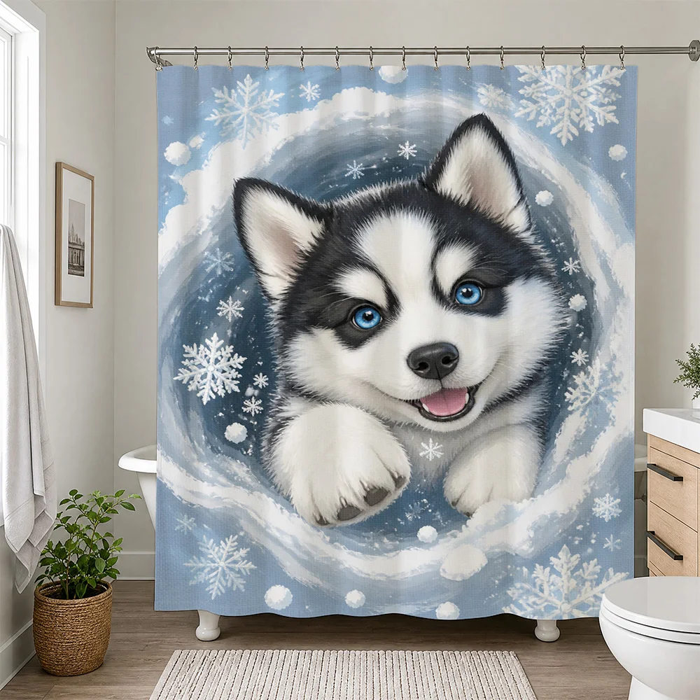 Cute Husky Puppy Shower Curtain Blue Winter Snowflakes Dog Bathroom Decor Novelty Shower Curtain