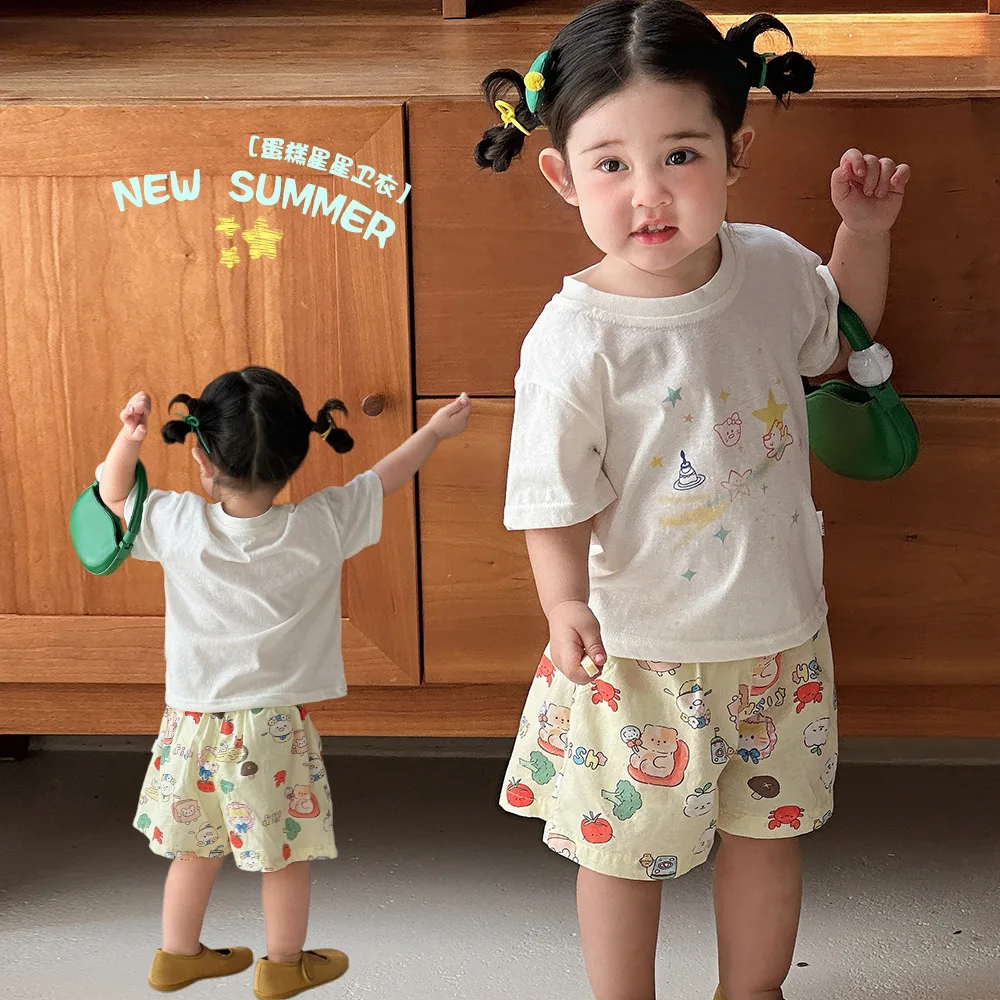 

2026 New Baby Girls Summer Cute Cat Print Short Sleeve T-Shirt Breathable Soft Cotton Cartoon Tops Toddler Kids Casual Daily Tee