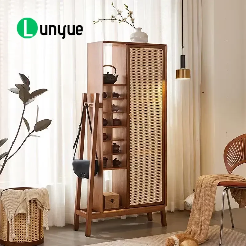 Modern Rattan Solid Wood Tea Set Storage Display Cabinet for Living Room Furniture Cup Organizer Showcase Home Decor