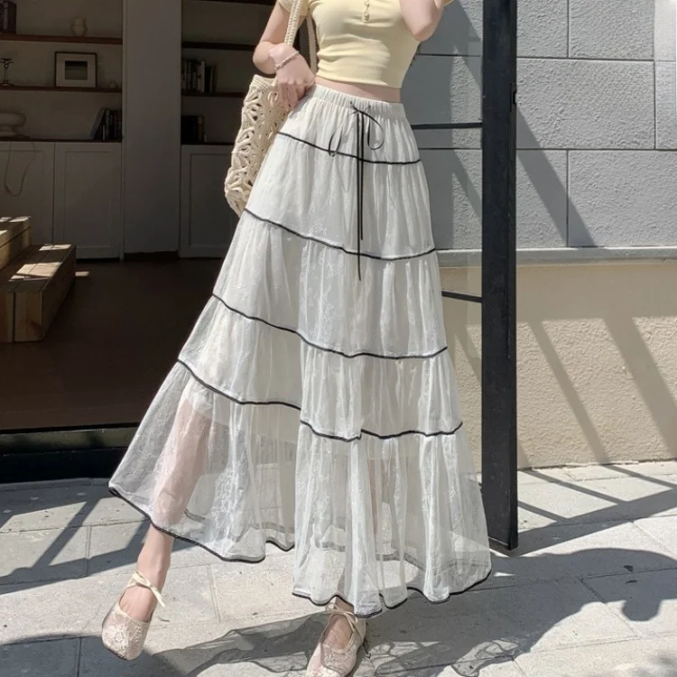 

Длинная юбка А-силуэта с высокой талией и сетчатыми вставками для женщин, летняя новинка, корейский стиль, для прогулок по городу, повседневная юбка