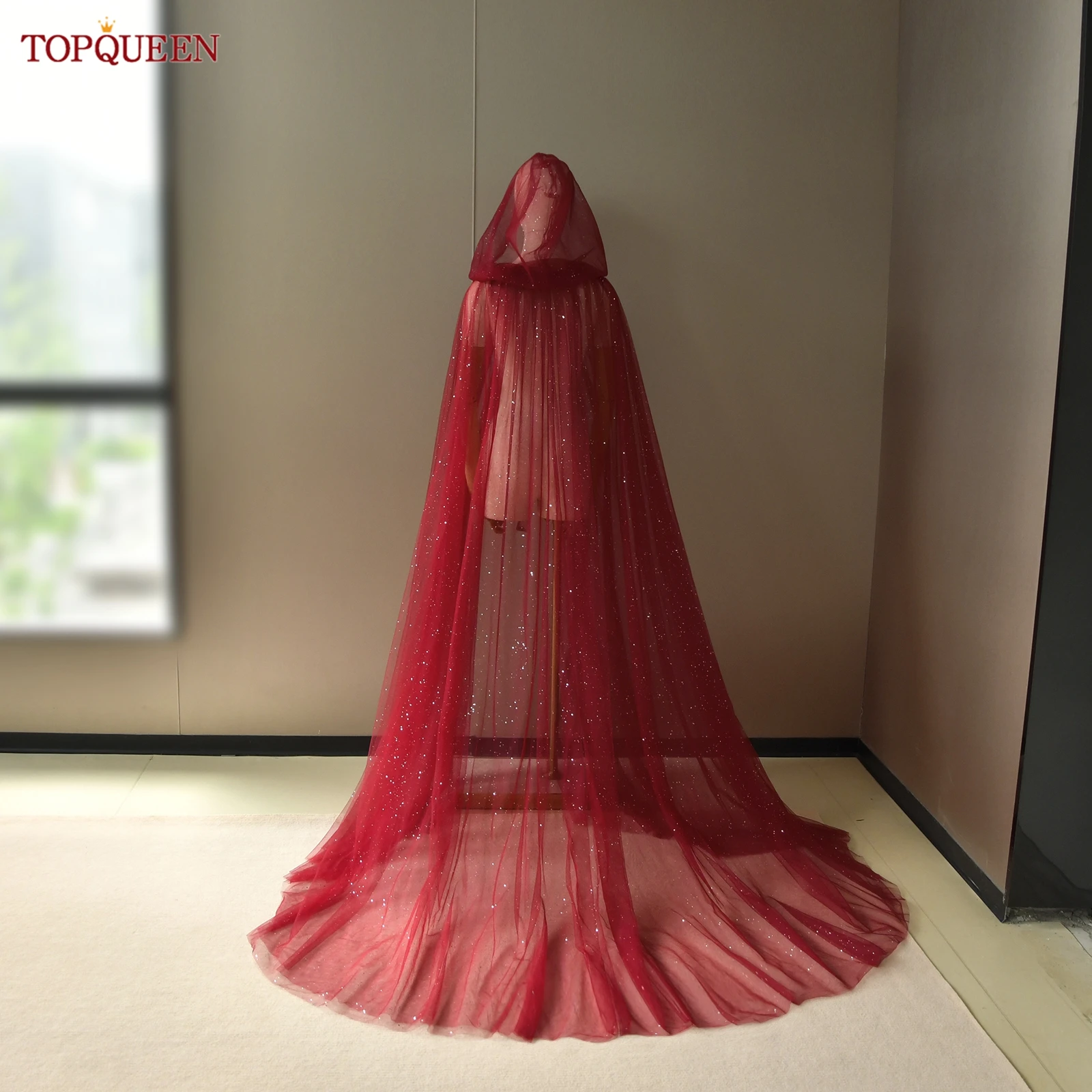 

TOPQUEEN женская красная длинная шаль с капюшоном и блестками, блестящая 2-слойная шаль для свадебного платья, подарок на Хэллоуин, настраиваемый Vg127