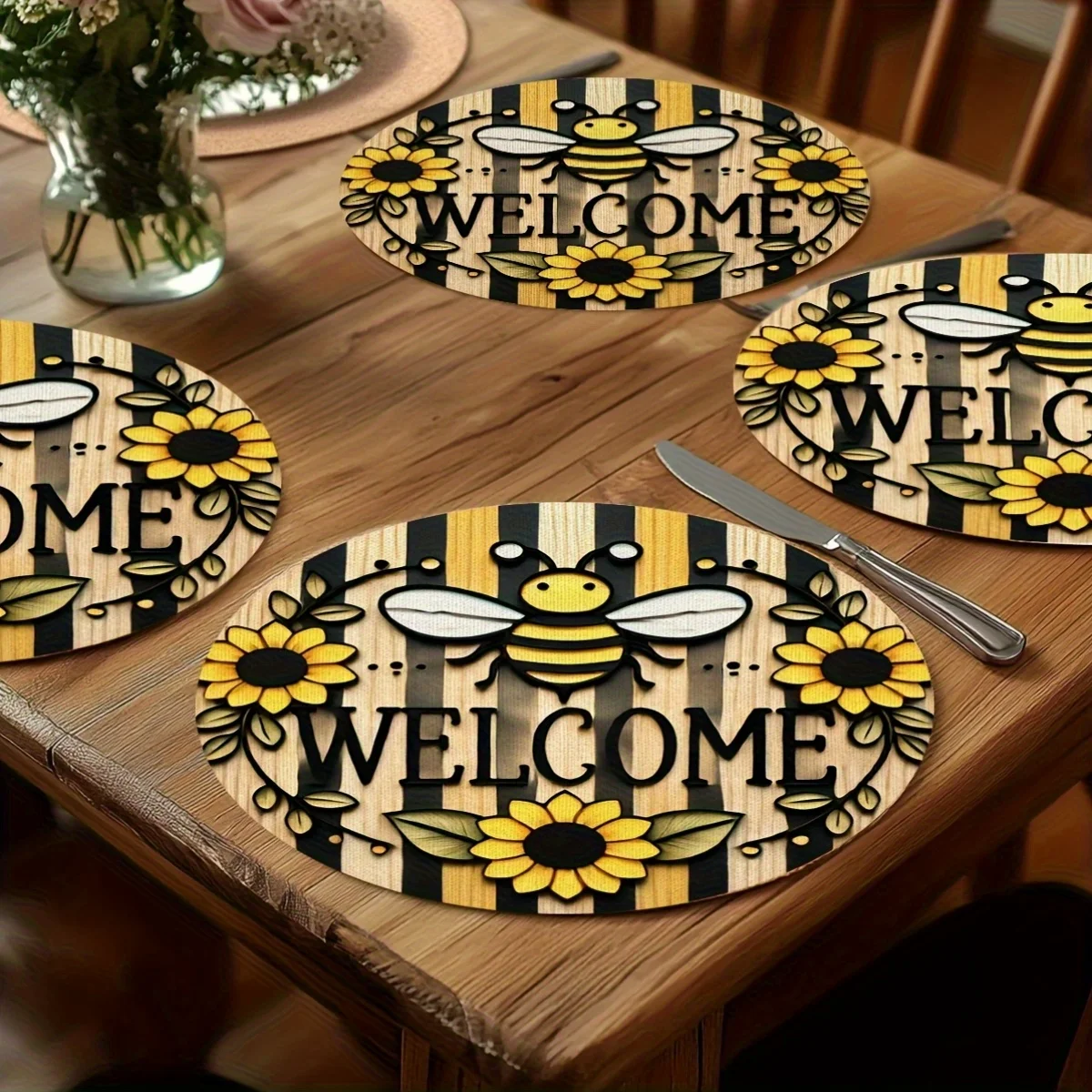 Pack of 4, Art Deco Bee Theme Round Placemat | 15X15 inch, polyester material, suitable for home decoration, wedding anniversary, daily festival, kitchen, banquet, party, table decoration