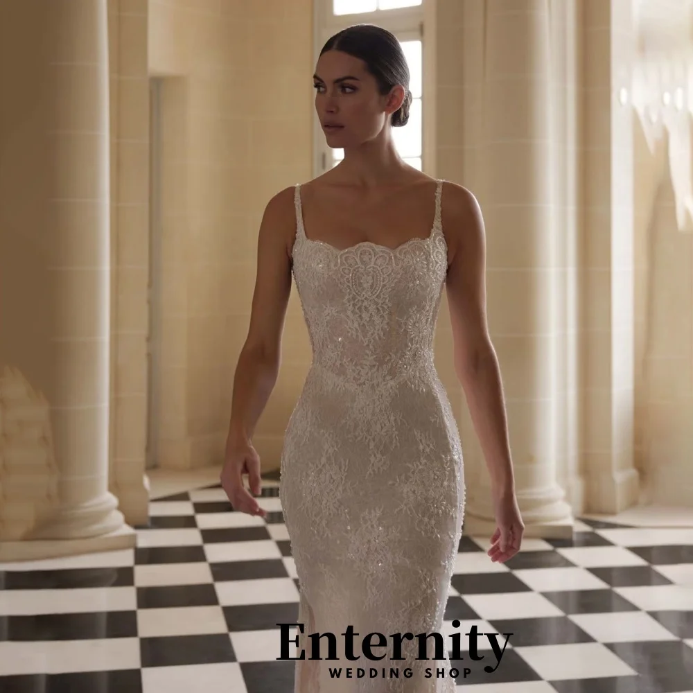 فساتين زفاف بسحاب مخصصة أنيقة برقبة مربعة بدون أكمام للنساء فستان زفاف ساحر مزين بالدانتيل فيستدوس دي نوفيا