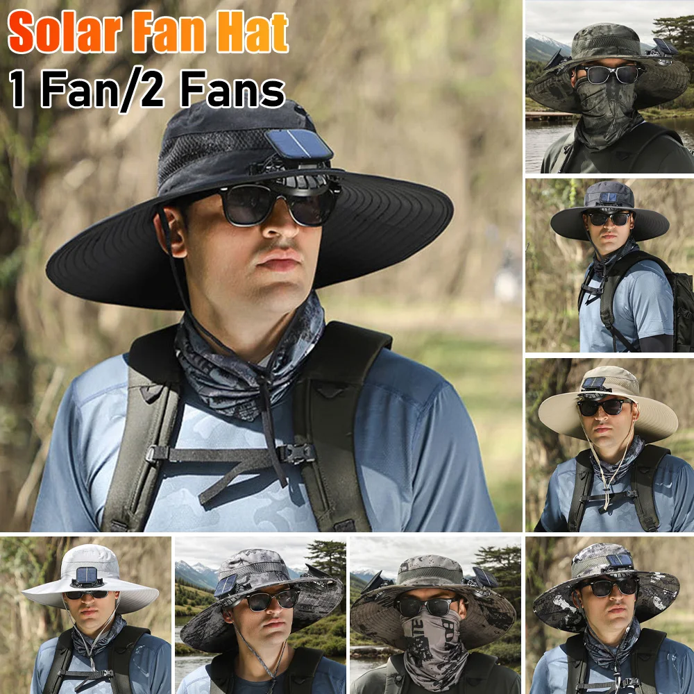 

Solar Rechargeable Single/Dual Fan Fisherman Hat Outdoor Big Brim Sunscreen Quick Dry Fishing Hat Portable Mute Fan Caps for Man