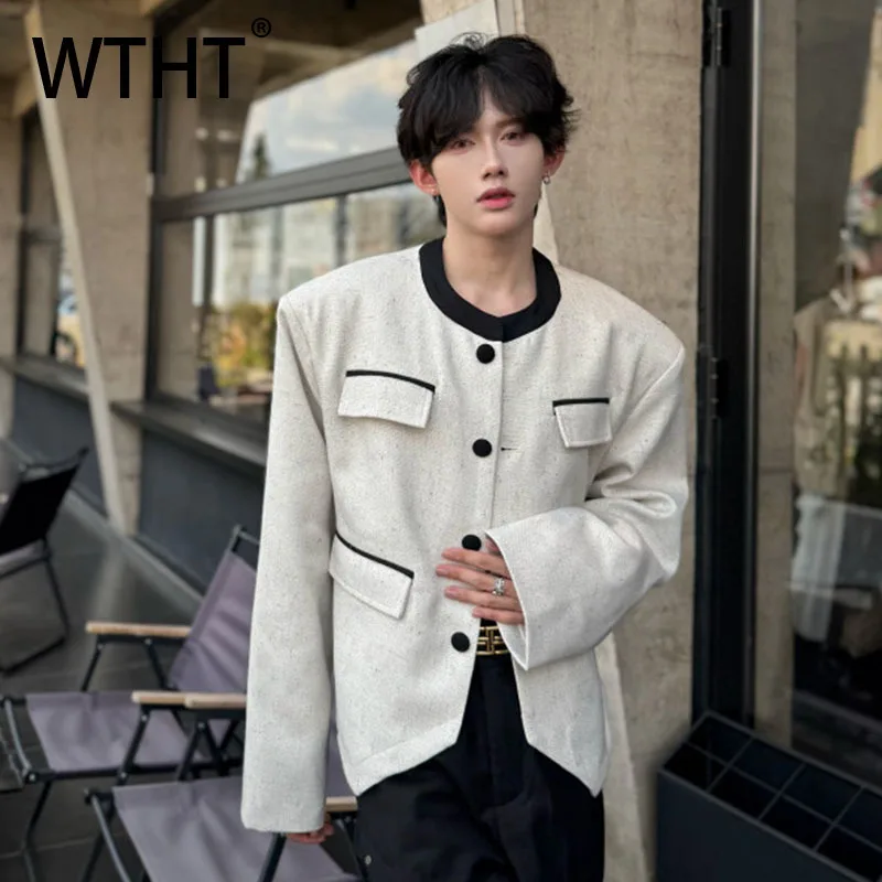 WTHT Fashion Men Striped Contrast Color Patchwork Coat Trendy O-neck Single-breasted Long Sleeve Jacket Male 2025 Autumn 2A1903