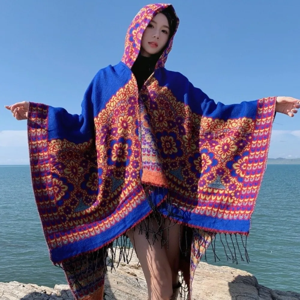 

Новая шаль с капюшоном в этническом стиле, теплая ветрозащитная накидка-пончо, плащ с кисточками, шаль для улицы
