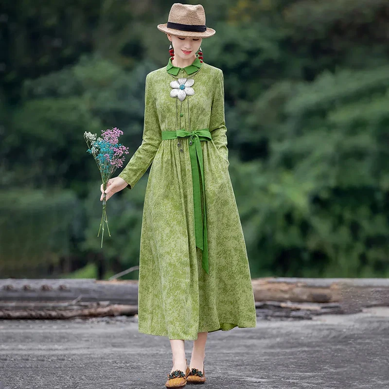 Large women's green dress women's spring 2022 new literature and art RETRO national style waist slim dress