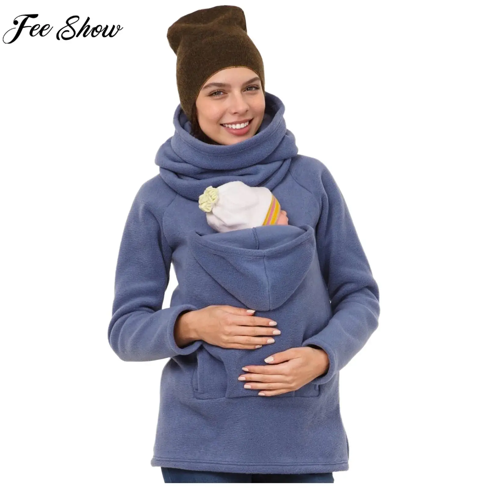 

Women Maternity Long Sleeve Turtleneck Warm Fleece Zipper Coat Sweatshirt Outerwear with Hooded Pocket Winter Casual Costume