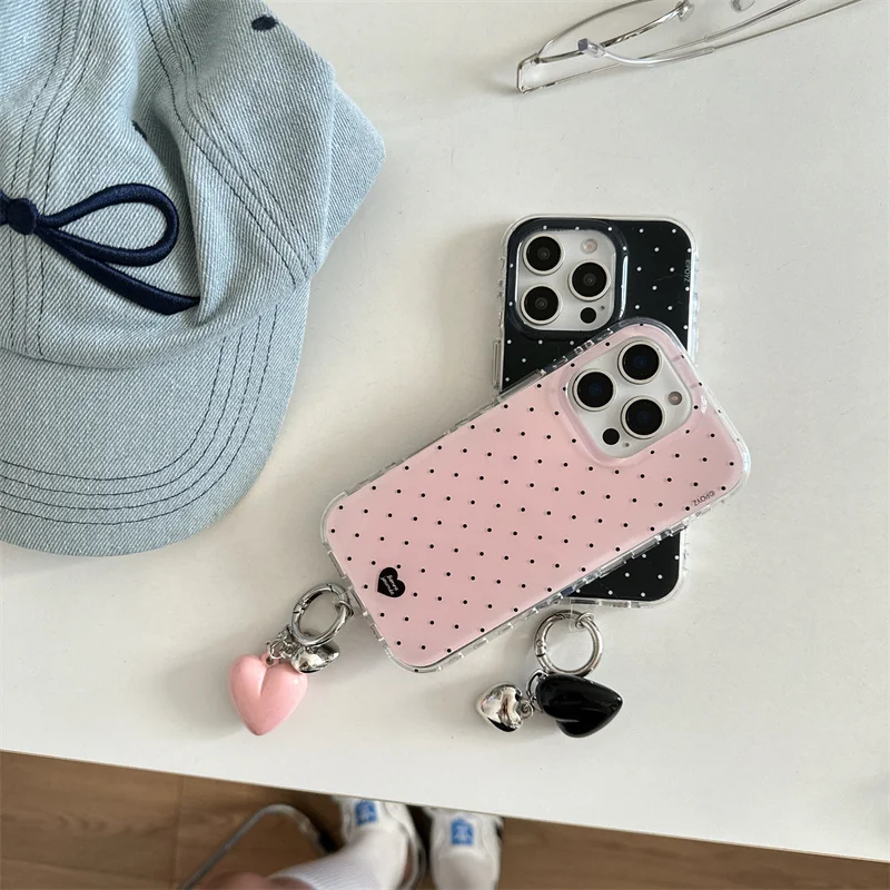 IND Doppelschichtige Handyhülle mit rosa Punkten und herzförmigem Design, inklusive rosa herzförmigem Anhänger, für iPhone 11 12 13 14 15 16 17 18 Pro Max – Detail 2