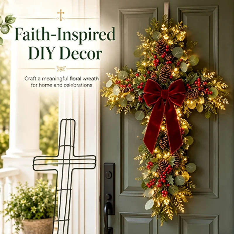 1/3pcs Cross‑Shaped‑Metal‑Wire‑Wreath‑Frame, Iron‑Wire‑Cross‑Floral‑Hoop for DIY‑Christmas‑Floral‑Arrangement & Party‑Decor