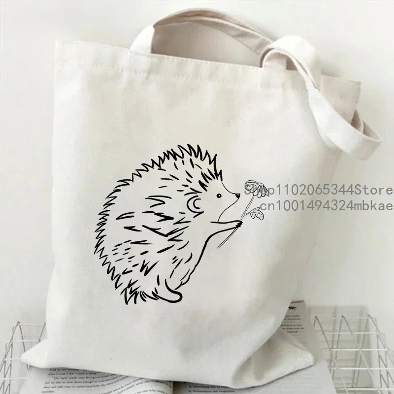 Cute Flower Hedgehog Pattern Tote Bag Women Cartoon Animal Style Shopping Bag Kawaii Hedgehog Canvas Shoulder Bag Lady Handbags