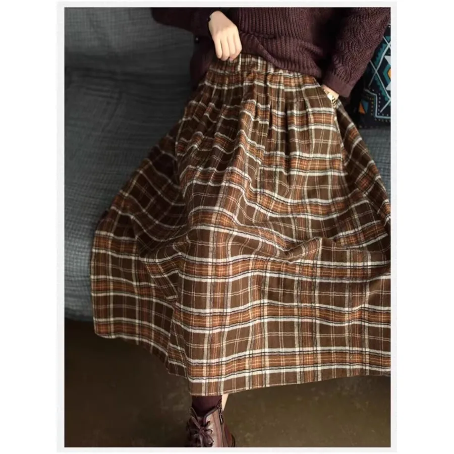 Retro Artistic Brushed Pure Cotton Plaid Skirt Women's Autumn and Winter New Loose All-Matching Elastic Waist Women's Skirt A...