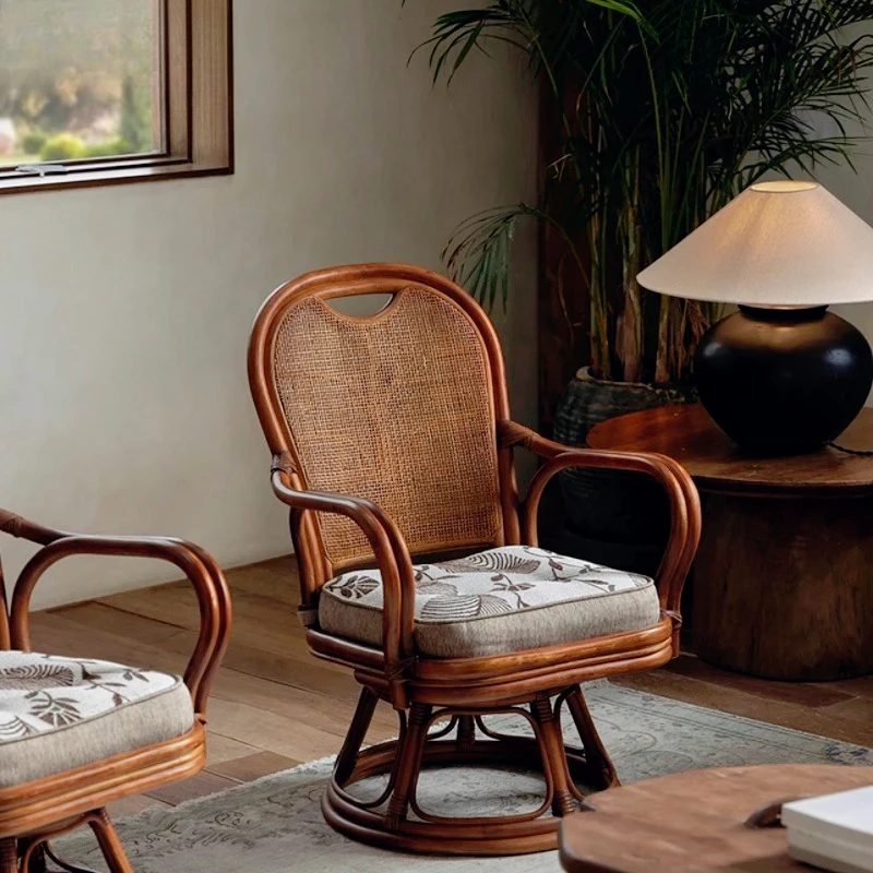 

Japanese Rattan Leisure Chair Designer Home Real Rattan Swivel Recliner Southeast Asian Tea Room Balcony Backrest Chair