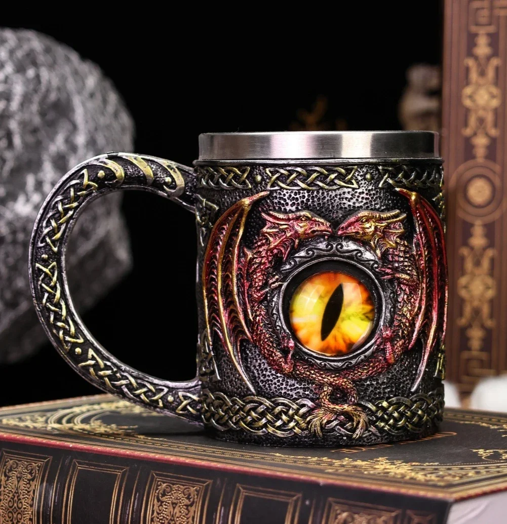 16OZ New Dragon Eyes Stainless Steel Beer Cup Personalized Dragon Shaped Mark Coffee Mug Dragon Statue Water Cup Men’s Gift