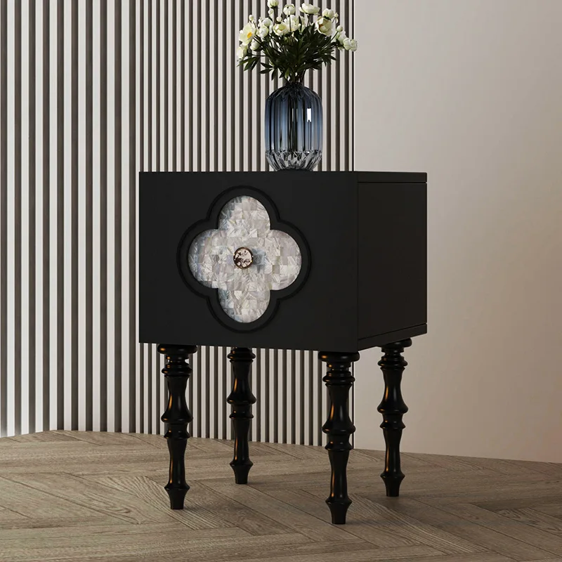French retro solid wood locker, living room side four-leaf clover shell bedside storage , ancient bedside table