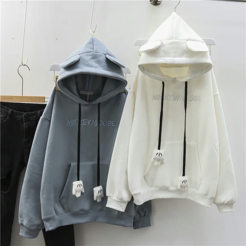 Women Autumn Winter Fleece Embroidery Letter Hoodies Girls Kawaii Loose Pullovers Sweatshirt Full-sleeve Cartoon Bear Hooded Top